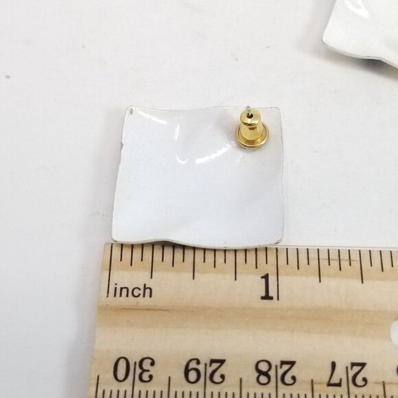 Vintage Retro Blue and White Enamel Square Shape Stud Earrings, 80s Style - Picture 4 of 5